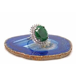 Sterling Silver Green Emerald with Cubic Zirconia Halo Ring